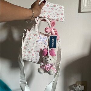 Steve Madden Mini Tote White & Pink Floral with Bear Charm and Hair Clip